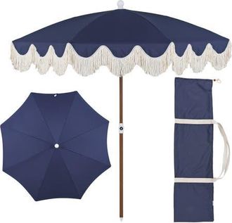 Jonathan Y Designs Mariner 6.5 ft. Classic Cottage Fringe Tassel Market Beach Umbrella with Push Button Tilt in Navy - Dark Brown Pole at Nordstrom
