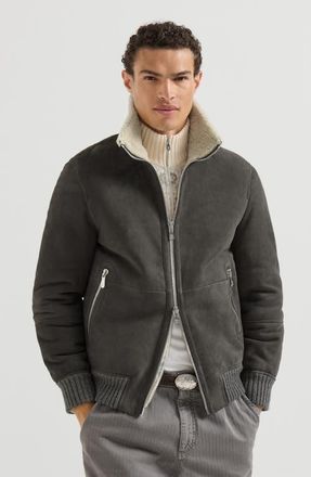 Brunello Cucinelli Suede curly shearling bomber jacket in Grey at Nordstrom, Size Xxx-Large