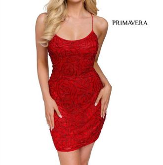 Primavera Womens Beaded Lace Up Dress In Red