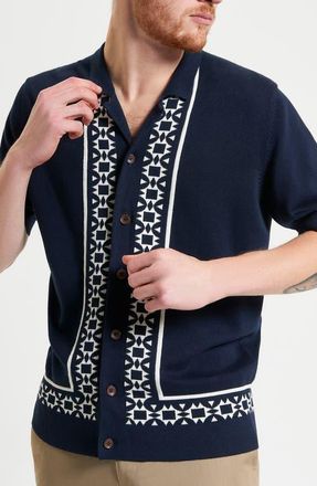 Ben Sherman Border Resort Knit Camp Shirt in Dark Navy at Nordstrom, Size Large