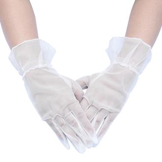 Generic Womens Ultra-thin Mesh Gloves Lace Full Finger Short Tulle Gloves Wedding Party Gloves (White)