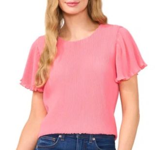 CeCe by Cynthia Steffe Pleated Short Sleeve Top In Tulip Fields