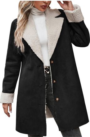 Generic Womens Coats Faux Fur Suede Jackets Womens Thermal Sherpa Fleece Lined Jacket Elegant Lapel Long Peacoats Ladies Warm Plush Overcoat Leather Bomber Ja