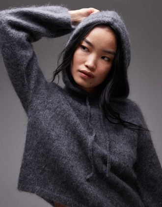 & Other Stories mohair supersoft hairy knit hoodie with tie bow detail in red-Gray