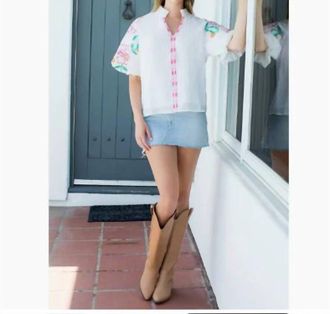 THML Clothing Embroidered Puff Sleeve Textured Top In Vibrant Floral