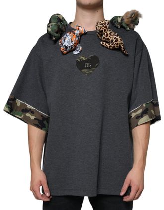 Dolce & Gabbana Mens Gray Camouflage Animal Stuff Cotton T-Shirt Polyester