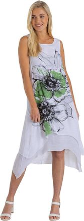 Klass Bold Floral Placement Print Layered Dip Hem Dress - White/Green - 18