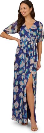 Adrianna Papell Womens Crinkle Chiffon Floral Gown - Multicolour - Size 10 UK