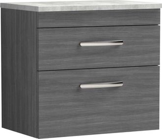 Nuie Athena Wall Hung 2-Drawer Vanity Unit with Grey Worktop 600mm Wide - Anthracite Woodgrain - Nuie
