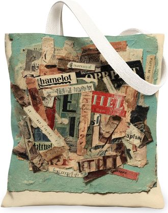 Generic Vintage Artistic Canvas Tote Bags, Collage Pattern Reusable Shopping Bags, Lightweight Washable Shoulder Strap Canvas for T, Beige, 13x15 Inch
