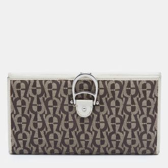 Aigner Off White/brown Leather And Signature Canvas Continental Wallet