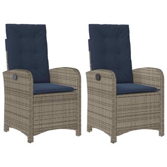 vidaXL Sillones Reclinable Jard&iacute;n Y Cojines 2 Uds Rat&aacute;n Sint&eacute;tico Gris Vidaxl