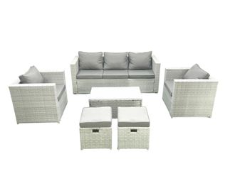 Fimous Rattan Garden Furniture Set with 3 Seater Sofa 2 Chair Rectangular Coffee Table 2 Small Footstools Light Grey Mixed 7 Seater