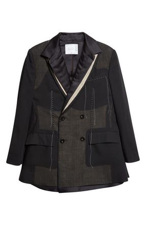 sacai Mixed Media Suiting & Organza Jacket with Bib Inset in Black at Nordstrom, Size 3