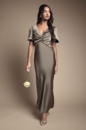Oasis Womens Olive Satin Twist Front Angel Sleeve Midi Bridesmaid Dress - Green - Size 16 UK