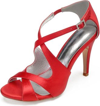 Generic High Heel Sandals Women Bridal Peep Toe Ankle Straps Stiletto Satin Evening Party Prom Wedding Bridal Shoes 10.5Cm,red,7 UK