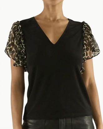 Ramy Brook Lysette V-Neck Flutter Sleeve Top In Black/bone Foliage
