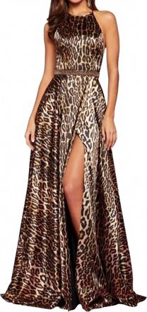 Sherri Hill Satin Halter Gown In Animal Print