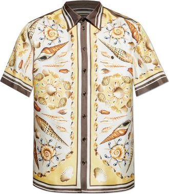 Dolce & Gabbana Zijden shirt met schelpmotief - Heren - Korte mouwen Overhemden - Beige - XL - Leer - Overhemden