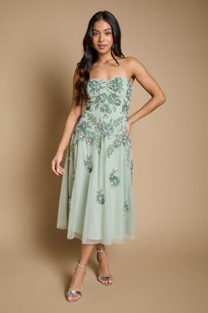 Oasis Womens Petite Premium Trailing Floral Embellished Bandeau Midi Dress - Green - Size 14 UK