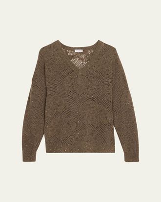 Brunello Cucinelli Diamante Paillette Mohair Open-Knit V-Neck Sweater