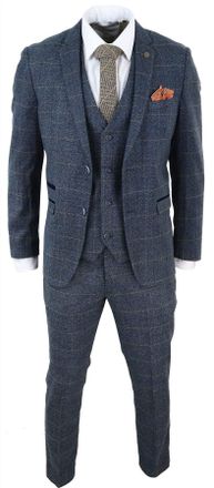 Marc Darcy Mens Blue Check 3 Piece Suit Herringbone Tweed Vintage Tailored Fit Grey Velvet - Blue 34