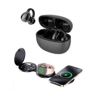 Pursonic Power & Sound Essentials Bundle - 5-in-1 Folding Wireless Charging Station + True Wireless Earbuds in Black at Nordstrom
