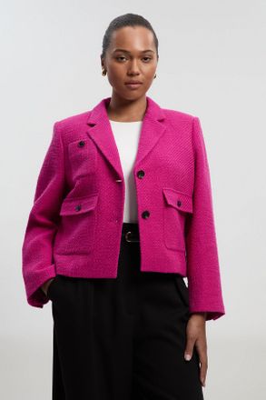 Karen Millen Womens Plus Size Textured Tweed Cropped Tailored Jacket - Fuchsia Cotton - Size 22 UK