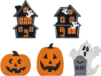 Glitzhome Set of 5 Halloween Wooden Haunted House, Pumpkin & Ghost Table Block Set in Black at Nordstrom, Size Medium