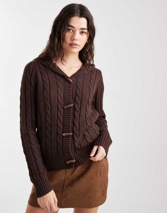 Hollister Cardigan in maglia a trecce marrone stile anni Y2K con cappuccio