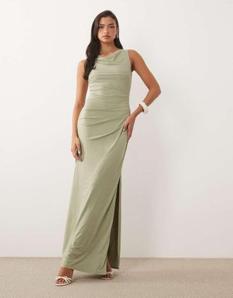 Tfnc Vestito lungo sinuoso con scollo ad anello color salvia-Verde