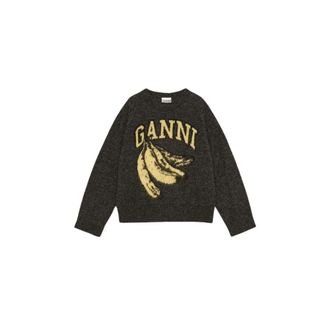Ganni Round-neck Knitwear, female, Gray, S, Banana Graphic Jumper