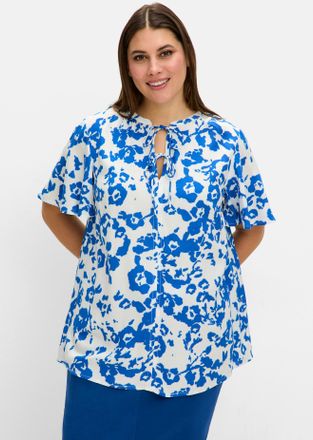 Sheego Longbluse SHEEGO, Damen, Gr. 42, beige (ecru, gemustert), 100% Viskose, bedruckt, gebl&uuml;mt, gemustert, mehrfarbig, V-Ausschnitt, Blusen Longbluse