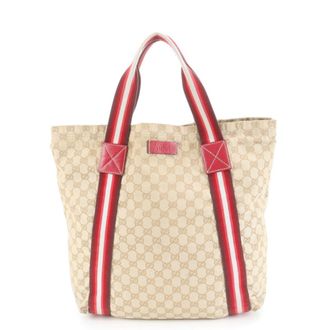 Gucci Beige Red Color Leather Canvas Shoulder Bag Tote Bag (Pre-Owned)