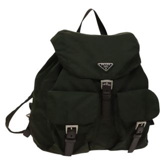 Prada Vela Double Front Pocket Tessuto With Saffiano Leather Khaki Nylon Backpack Bag (Pre-Owned)