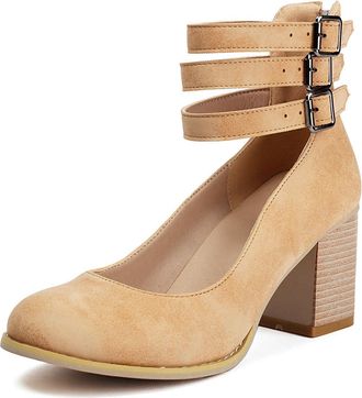 Generic Womens Round Toe PU Leather Vintage Shoes Chunky High Heel Dress Pumps Ankle Strap Office Shoes with Buckle,Apricot,7.5 UK