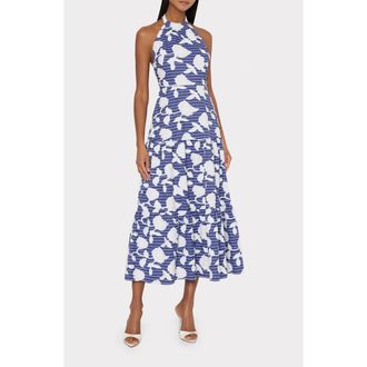 Milly Hayden Floral Embroidered Halter Midi Dress in Blue/White at Nordstrom, Size 10