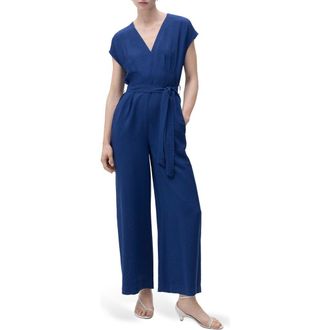 Mango Belted Hammered Satin Jumpsuit in Ink Blue at Nordstrom Rack, Size Medium