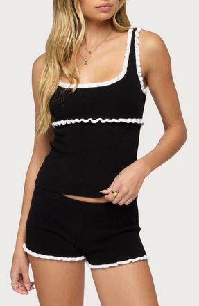 Edikted Saffra Contrast Ruffle Knit Top in Black at Nordstrom, Size X-Small