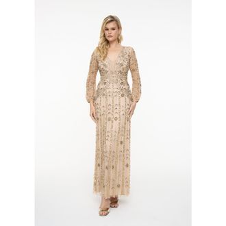 Beauut Embellished Sequin Beaded Maxi Dress With Designer Sleeves in Taupe Blush at Nordstrom, Size 12