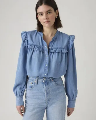 Levi's Gianna Top Women Blue Ruffle Trim Standard Fit Long Sleeve Blouse JAX2002