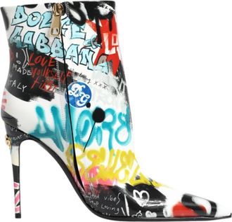 Dolce & Gabbana Graffiti Print Leren Mid Calf Laarzen - Dames - Laarzen met Hak - Veelkleurig - 35 EU - Leer - Schoenen