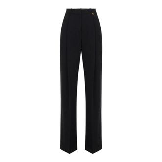 Elisabetta Franchi Wide Trousers, female, Black, Size: XL Lightweight Crepe Trousers with Logo Charm