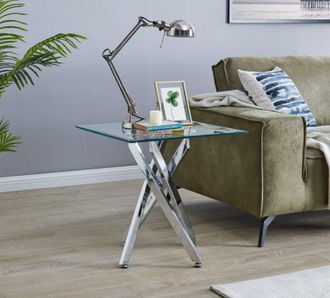 Furniturebox Leonardo Square Glass Side End Bedside Table with Metal Angled Starburst Legs for Modern Living Rooms in Silver