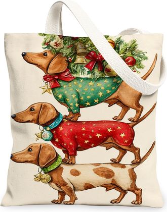Generic Christmas Dog Canvas Tote Bags, Cute Canine Holiday Design Reusable Grocery Bags, Lightweight Washable Shoulder Strap, Beige, 13x15 Inch