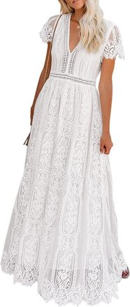 Merokeety Womens V Neck Short Sleeve Floral Lace Wedding Dress Bridesmaid Cocktail Party Maxi Dress, White, XXL