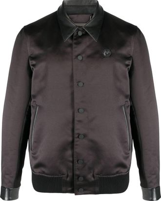 Philipp Plein satin-finish graphic-print bomber jacket - men - Polyester/Calf Leather/Polyester - 54 - Black
