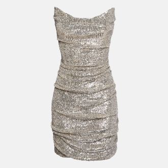 Reem Acra Silver Sequin Ruche Strapless Mini Dress