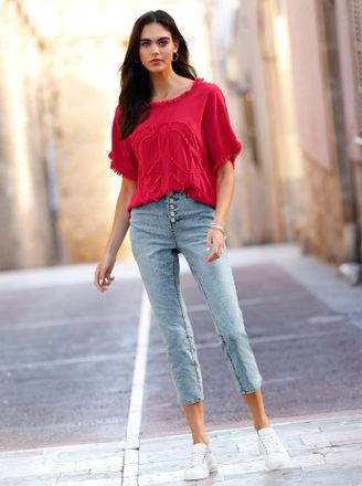 Heine Kurzarmbluse HEINE, Damen, Gr. 34, erdbeere, 100% Viskose, unifarben, Rundhals, Blusen Kurzarmbluse