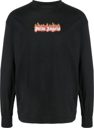 Palm Angels burning logo-print long-sleeve T-shirt - men - Cotton/Cotton - S - Black